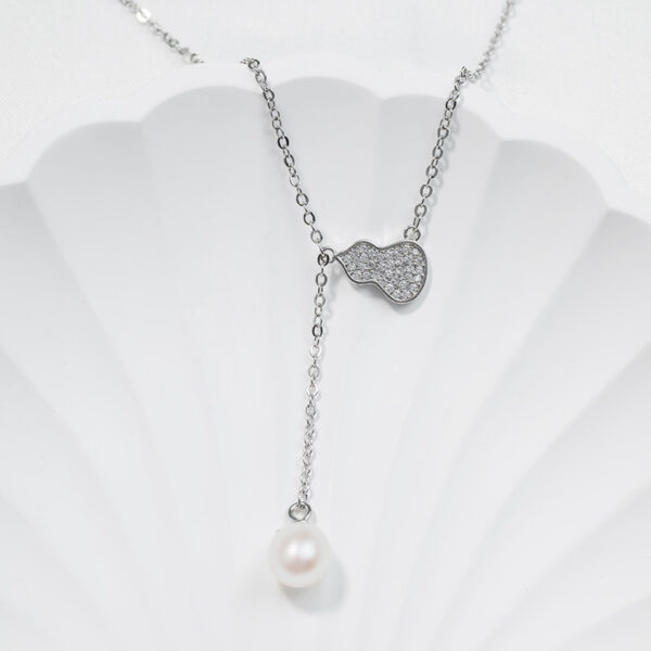 CZ Pave Gourd Outline Long Pearl Drop Pendant Necklace - Image 3