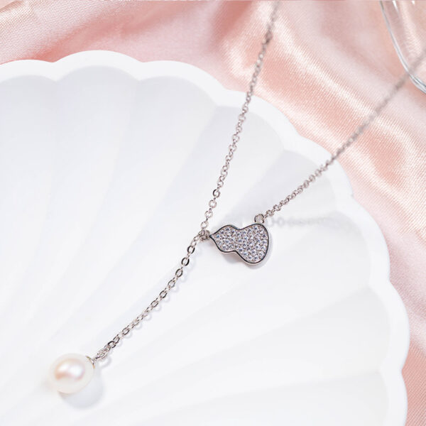 CZ Pave Gourd Outline Long Pearl Drop Pendant Necklace - Image 4