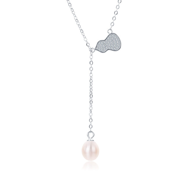 CZ Pave Gourd Outline Long Pearl Drop Pendant Necklace