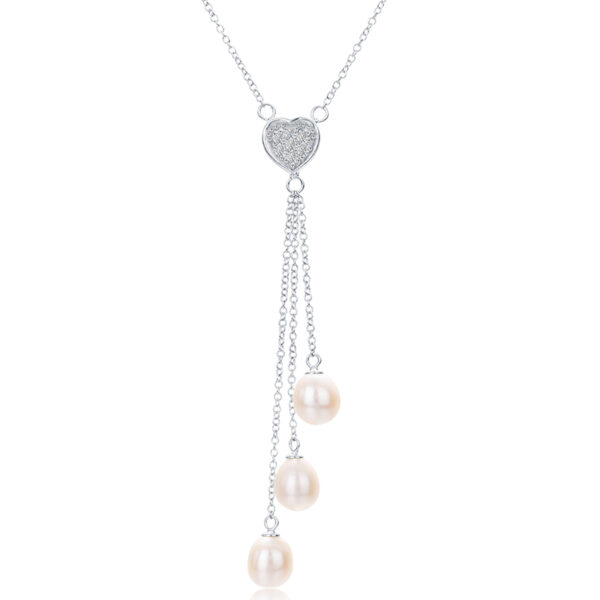 CZ Pave Heart Shaped Pendant Necklace with Three Dangle Pearls