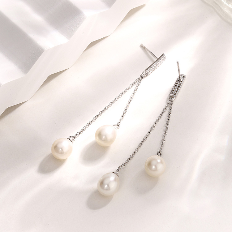 Sterling Silver Chains Teardrop Pearl Earrings - Image 4