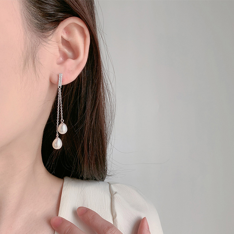 Sterling Silver Chains Teardrop Pearl Earrings - Image 2