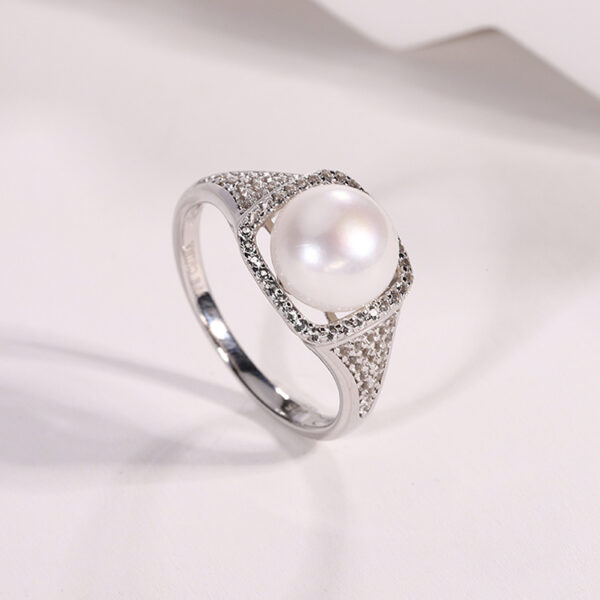 CZ Pave Setting Real Pearl Engagement Ring - Image 5