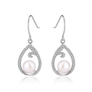 Teardrop Shaped Contour Hanging Pearl Earrings