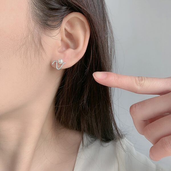 Wave Curved Sterling Silver Pearl Earrings - Image 2
