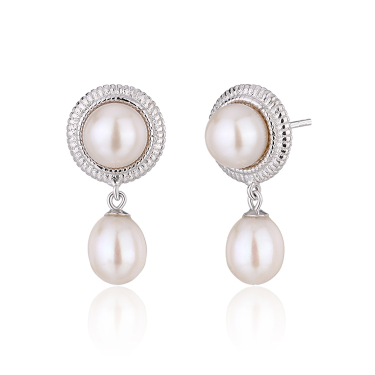 Double Round Freshwater Pearl Drop Earrings