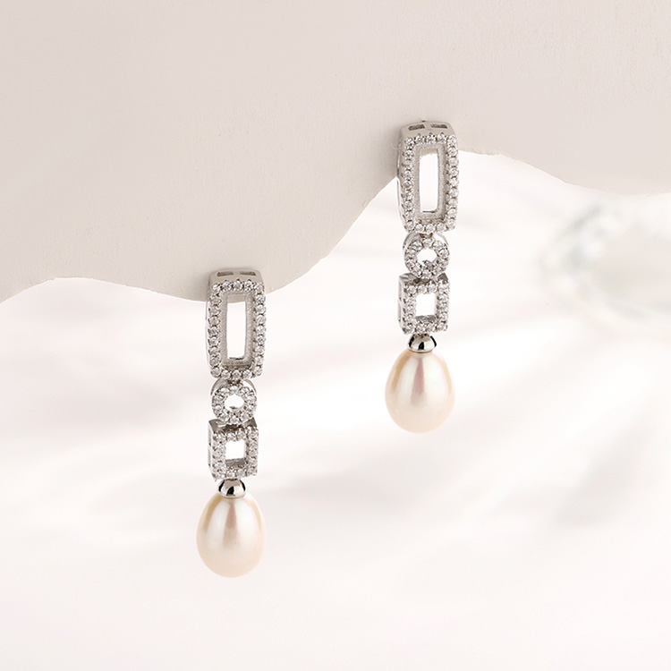 Zircon Pave Pearl and Diamond Drop Earrings - Image 3