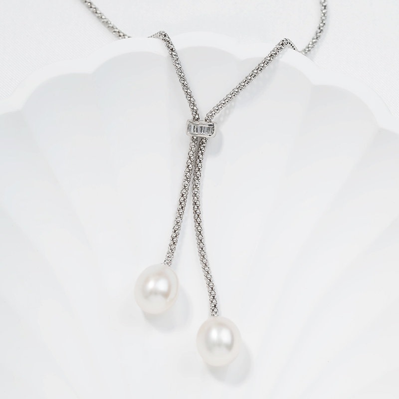 Sterling Silver Double Pearl Drop Necklace - Image 3