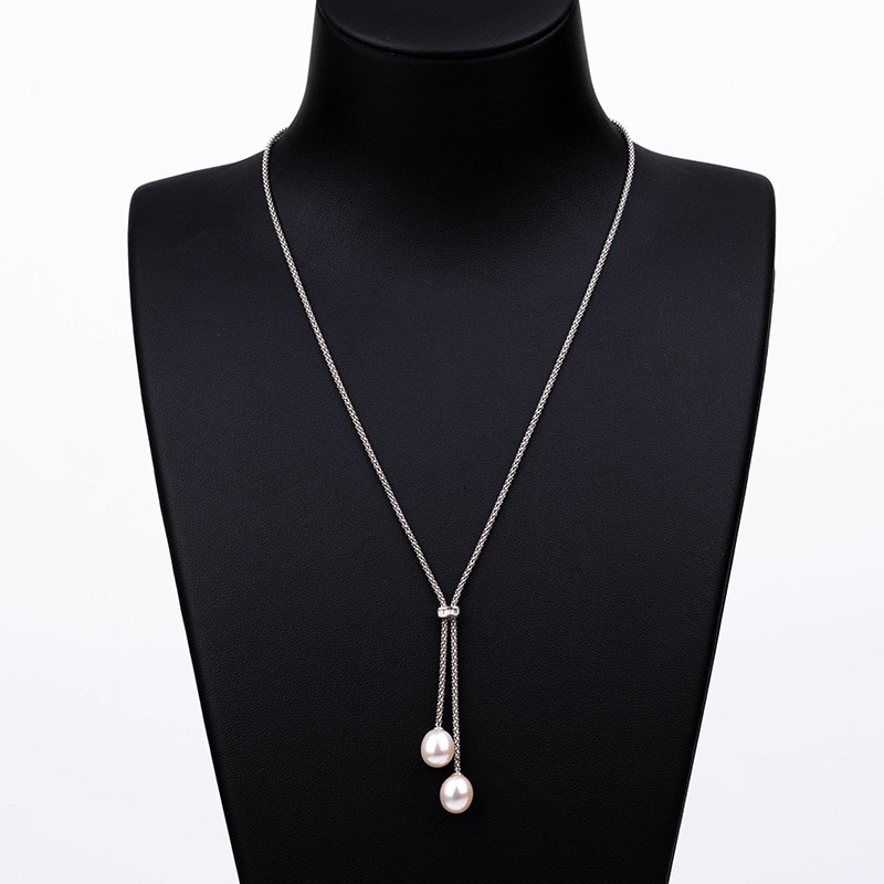 Sterling Silver Double Pearl Drop Necklace - Image 2