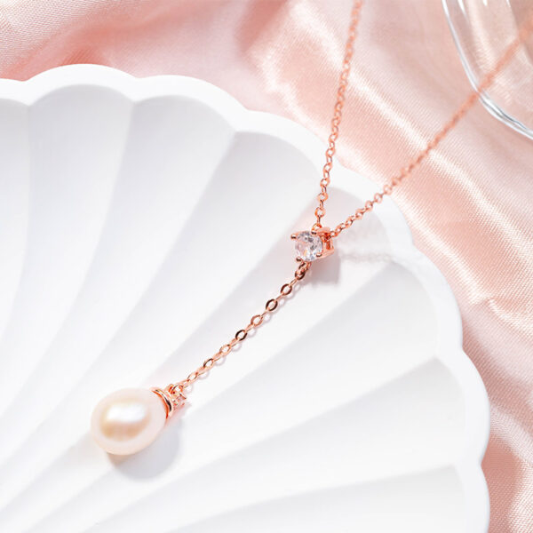 Rose Gold Sterling Silver Pearl Dangle Drop Necklace - Image 4