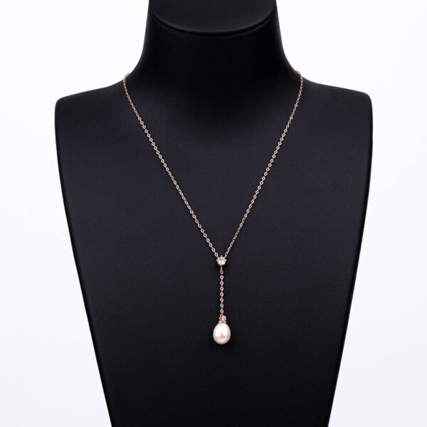 Rose Gold Sterling Silver Pearl Dangle Drop Necklace - Image 2