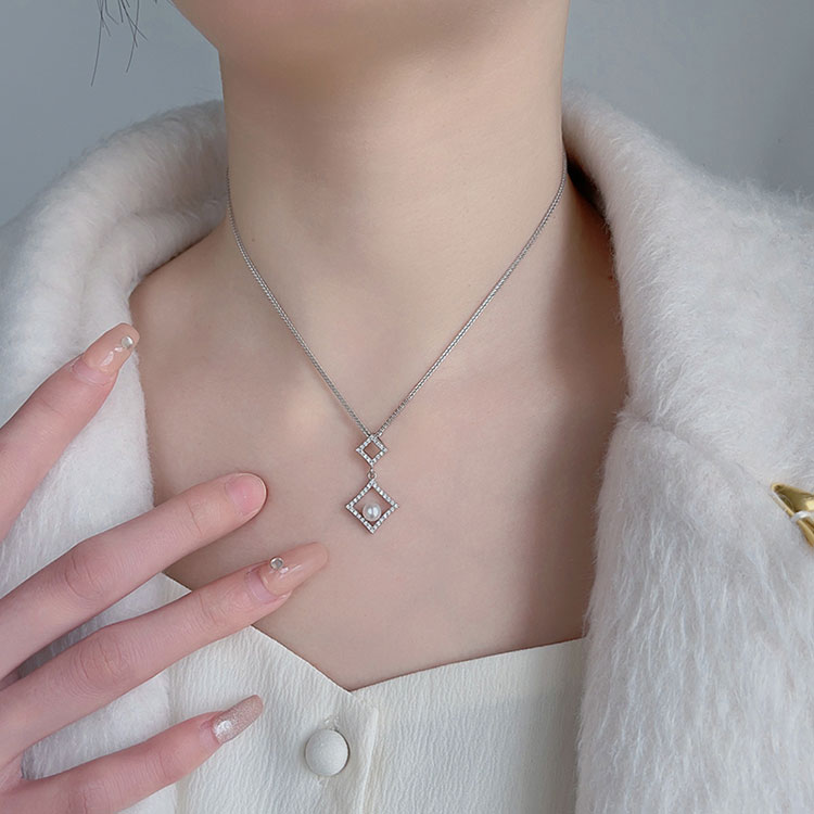 Two Diamond-Shaped Frames Silver Pearl Pendant - Image 2