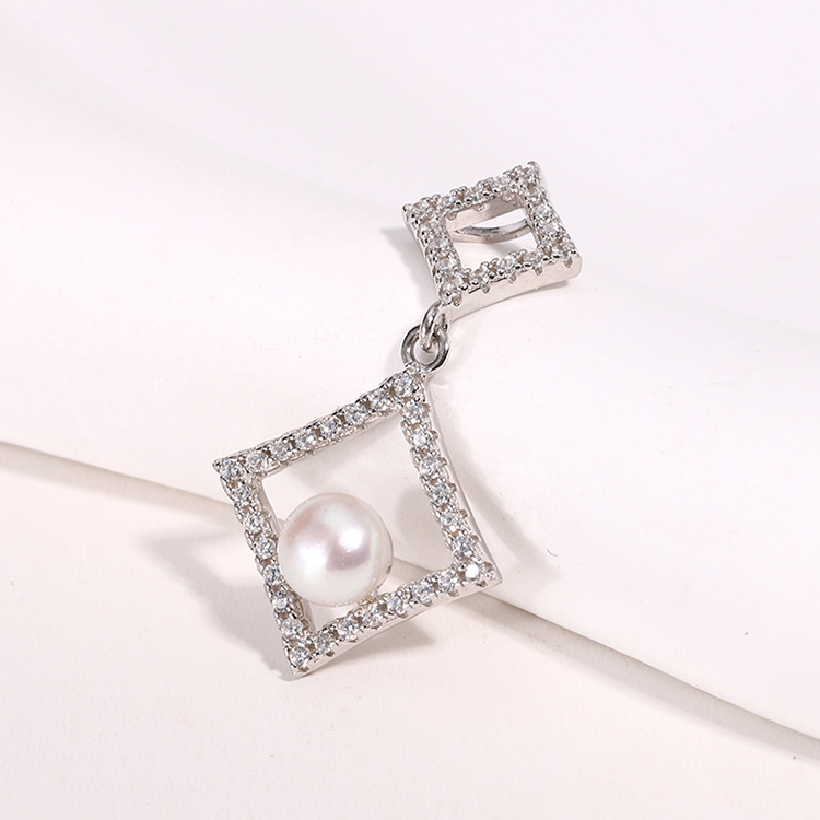 Two Diamond-Shaped Frames Silver Pearl Pendant - Image 6