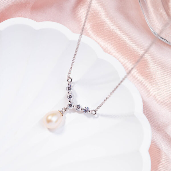 Silver V-Shape Pearl Drop Necklace - Image 4