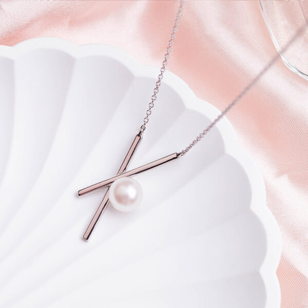 "X" Shape Rods Silver Chain Necklace with Pearl - Image 4