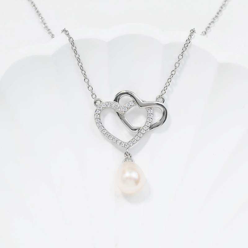 Pearl Necklace with Two Interlocking Hearts - Image 3
