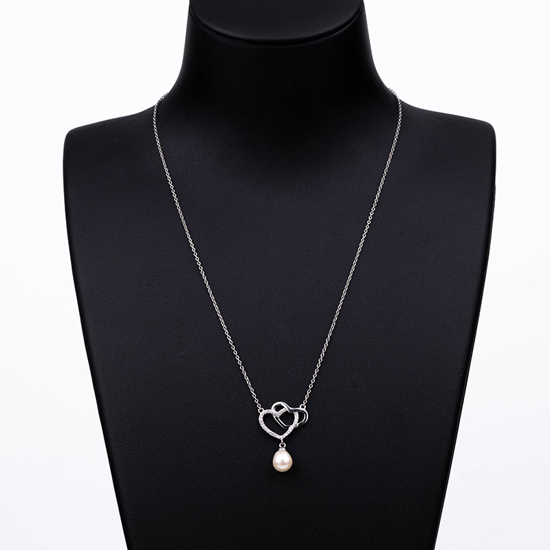 Pearl Necklace with Two Interlocking Hearts - Image 2
