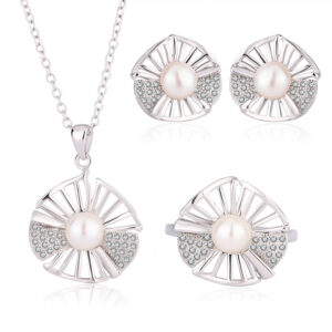 Fan Shaped Pearl Necklace Ring and Earrings Jewelry Set
